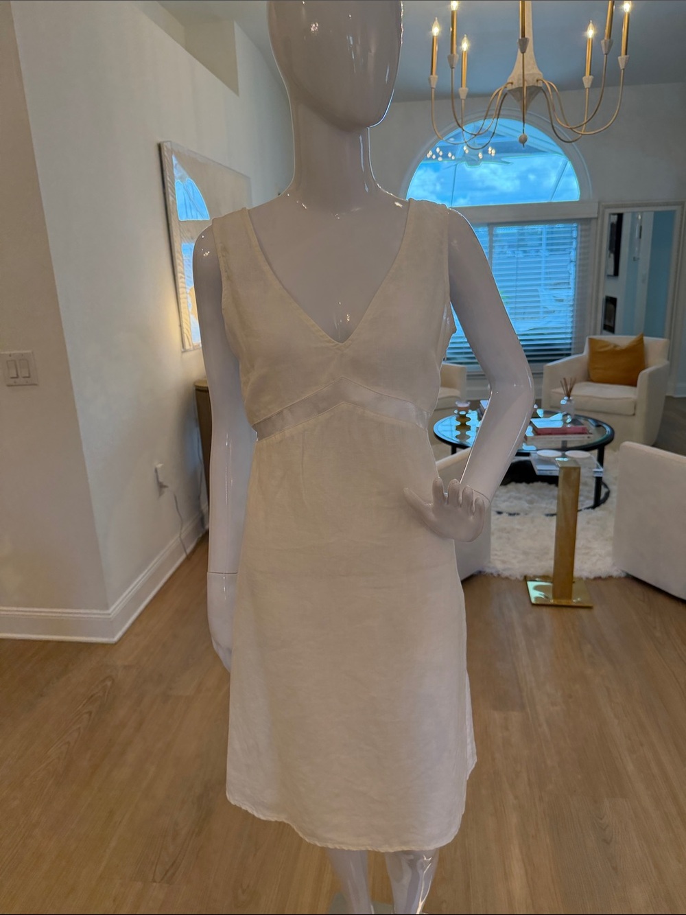 V-Neck Cream Linen Blend Midi Dress